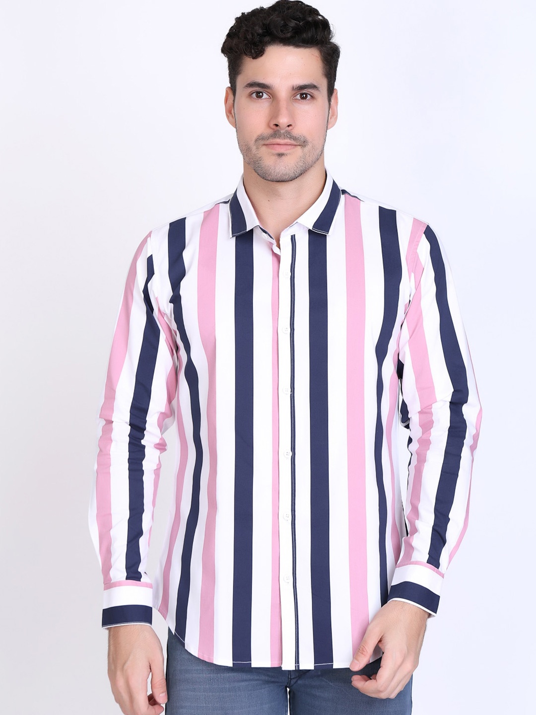 

DEZANO Slim Fit Vertical Striped Cotton Casual Shirt, Pink