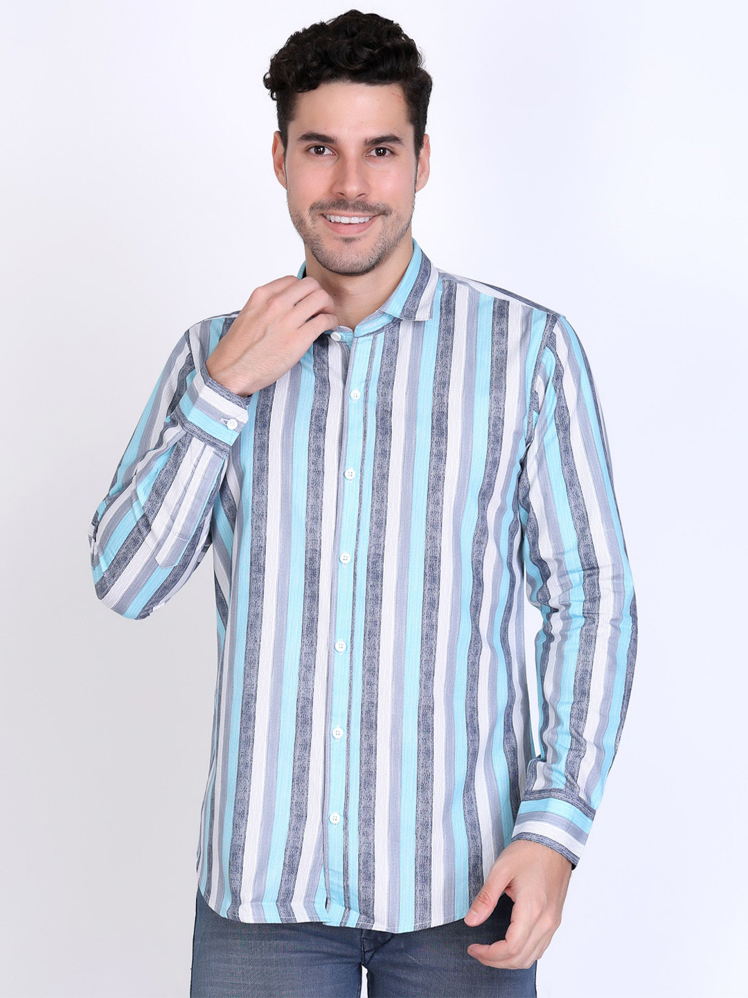 

DEZANO Slim Fit Vertical Striped Cotton Casual Shirt, Turquoise blue
