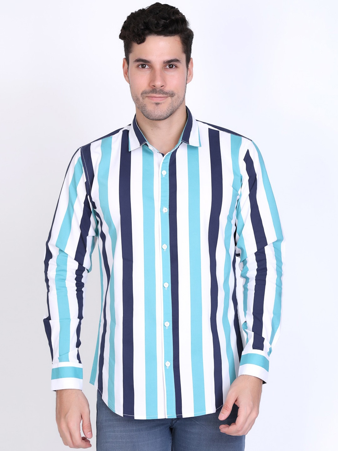 

DEZANO Slim Fit Vertical Striped Cotton Casual Shirt, Turquoise blue