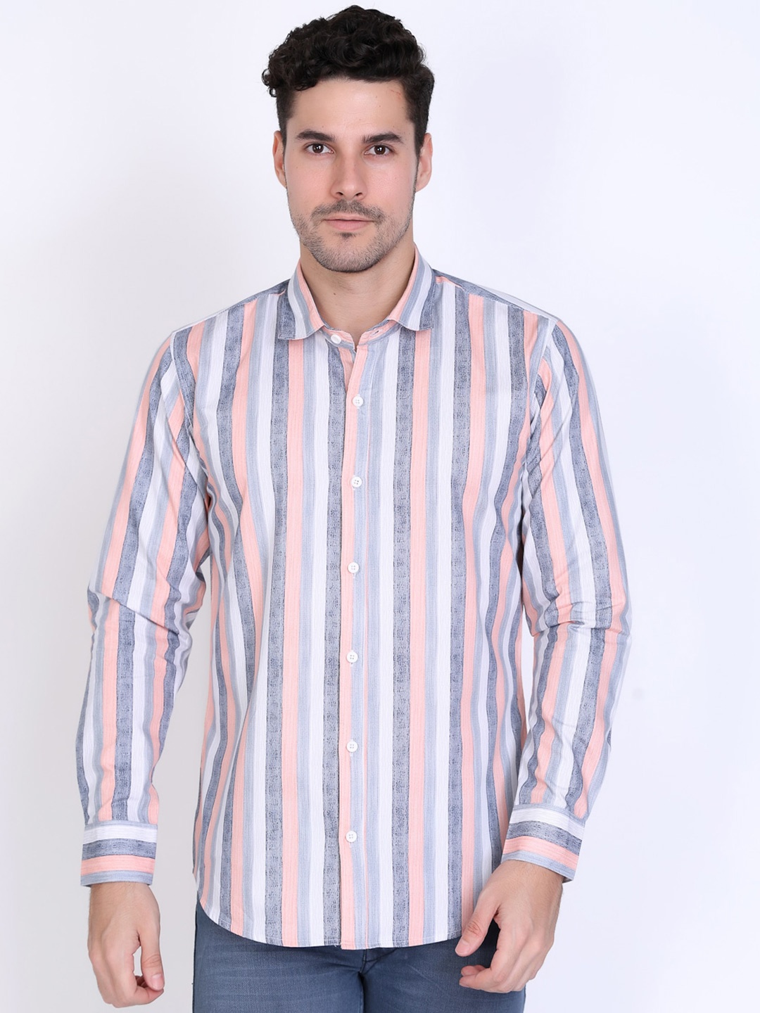 

DEZANO Slim Fit Vertical Striped Cotton Casual Shirt, Peach