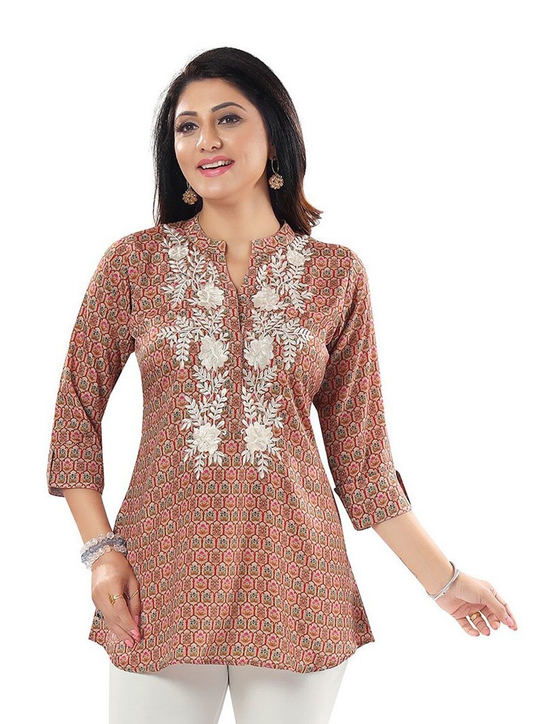 

keshubaba Ethnic Motifs Printed Thread Work Kurti, Beige