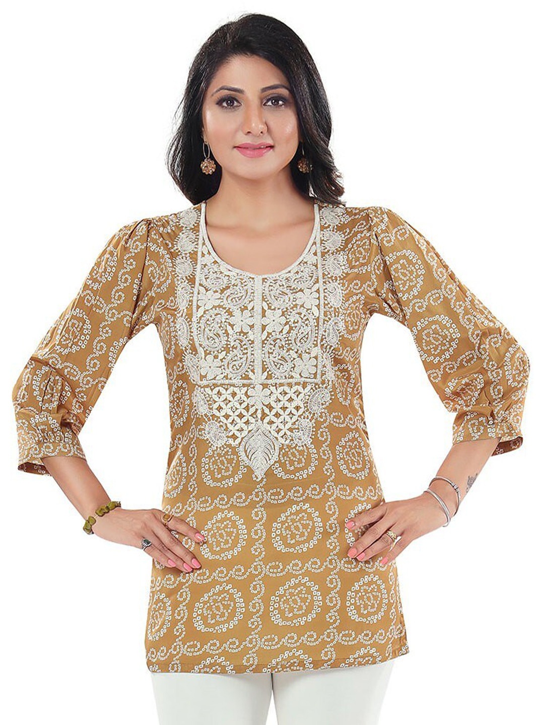 

keshubaba Printed Embroidered Puff Sleeves Ethnic Tunic, Mustard