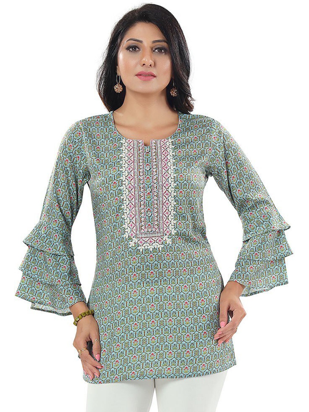 

keshubaba Ethnic Motifs Embroidered & Printed Short Kurti, Green