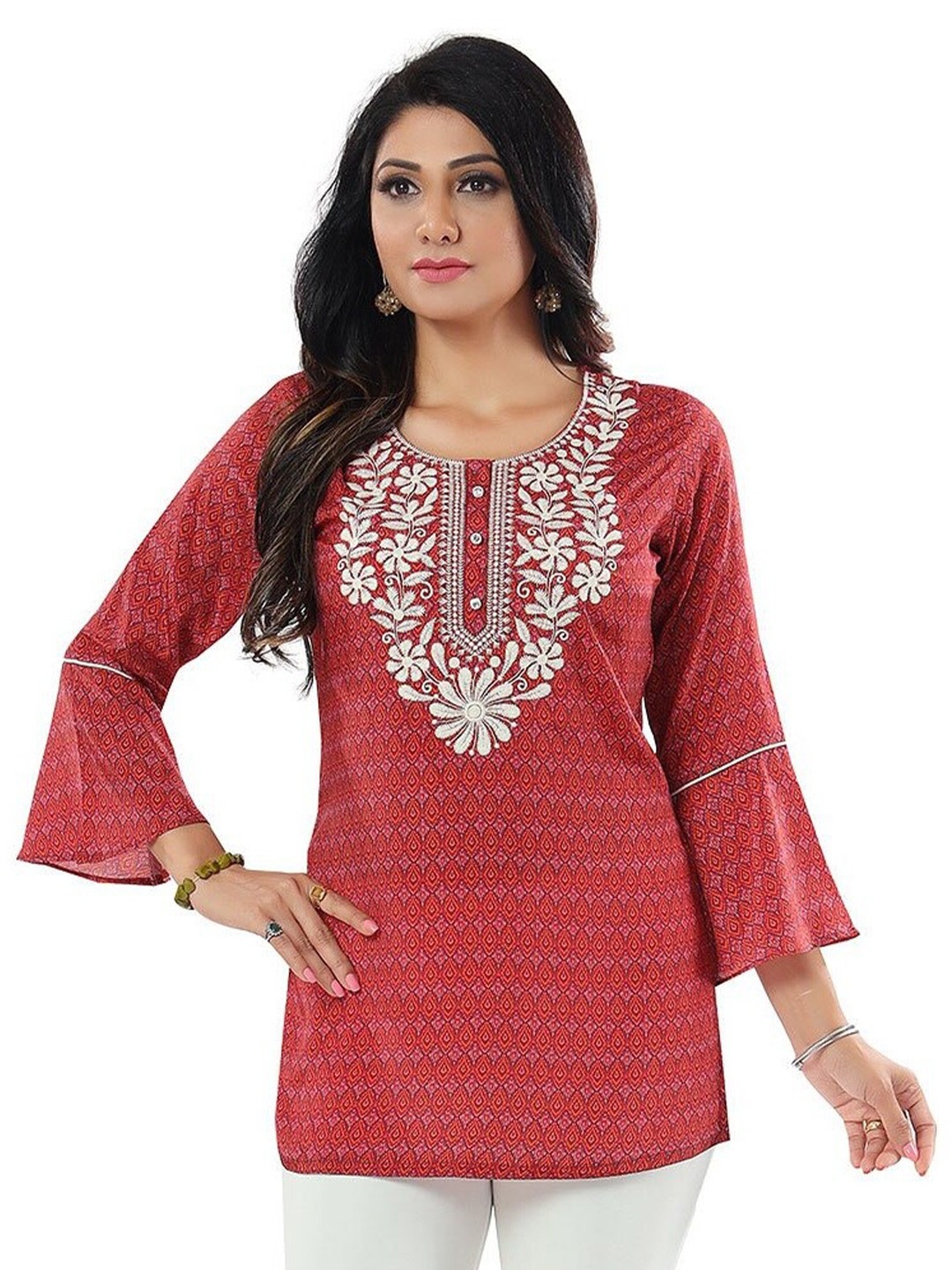 

keshubaba Printed Embroidered Bell Sleeves Ethnic Tunic, Maroon