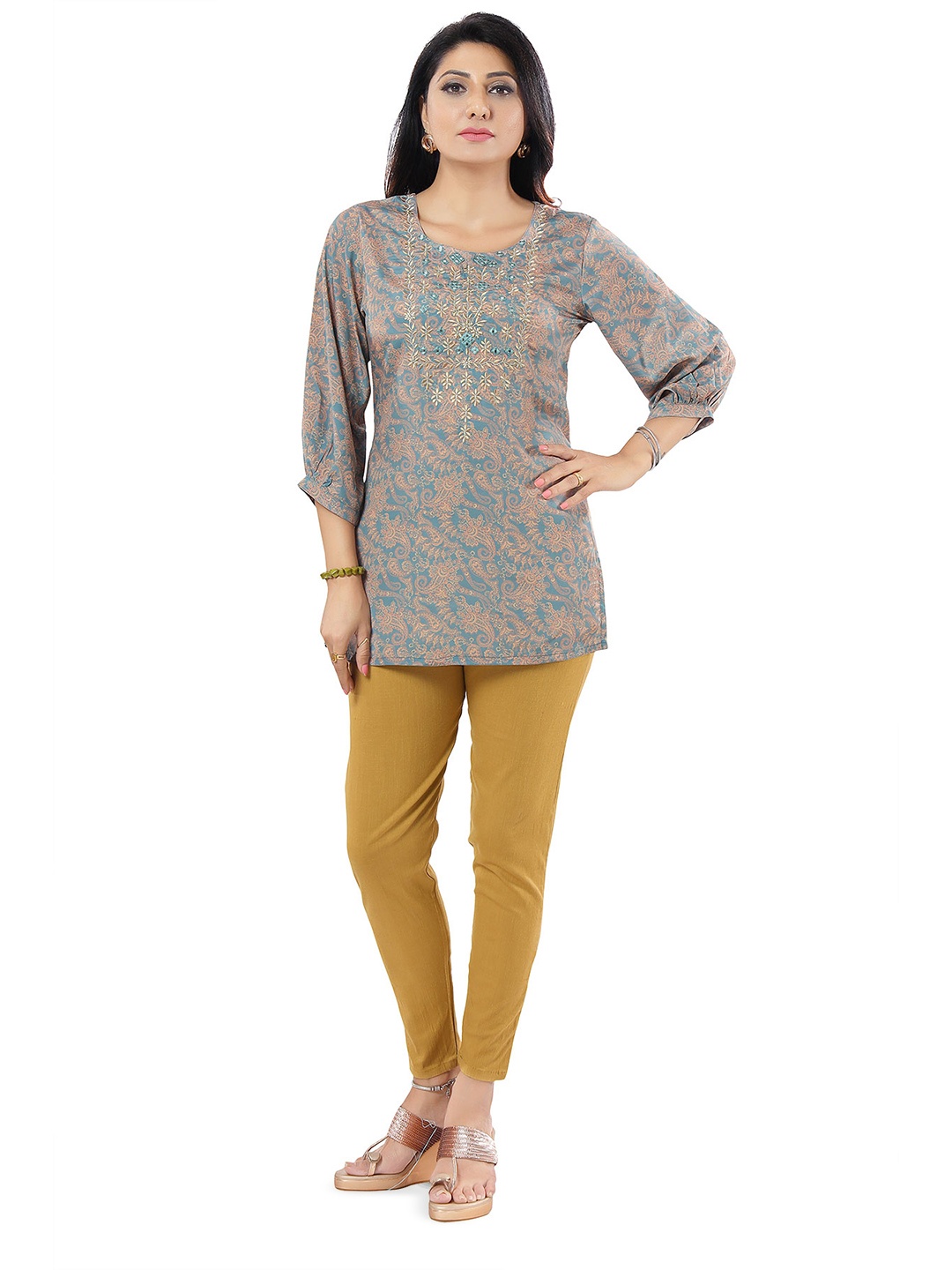 

keshubaba Paisley Printed Embroidered Yoke Silk Short Kurti, Blue