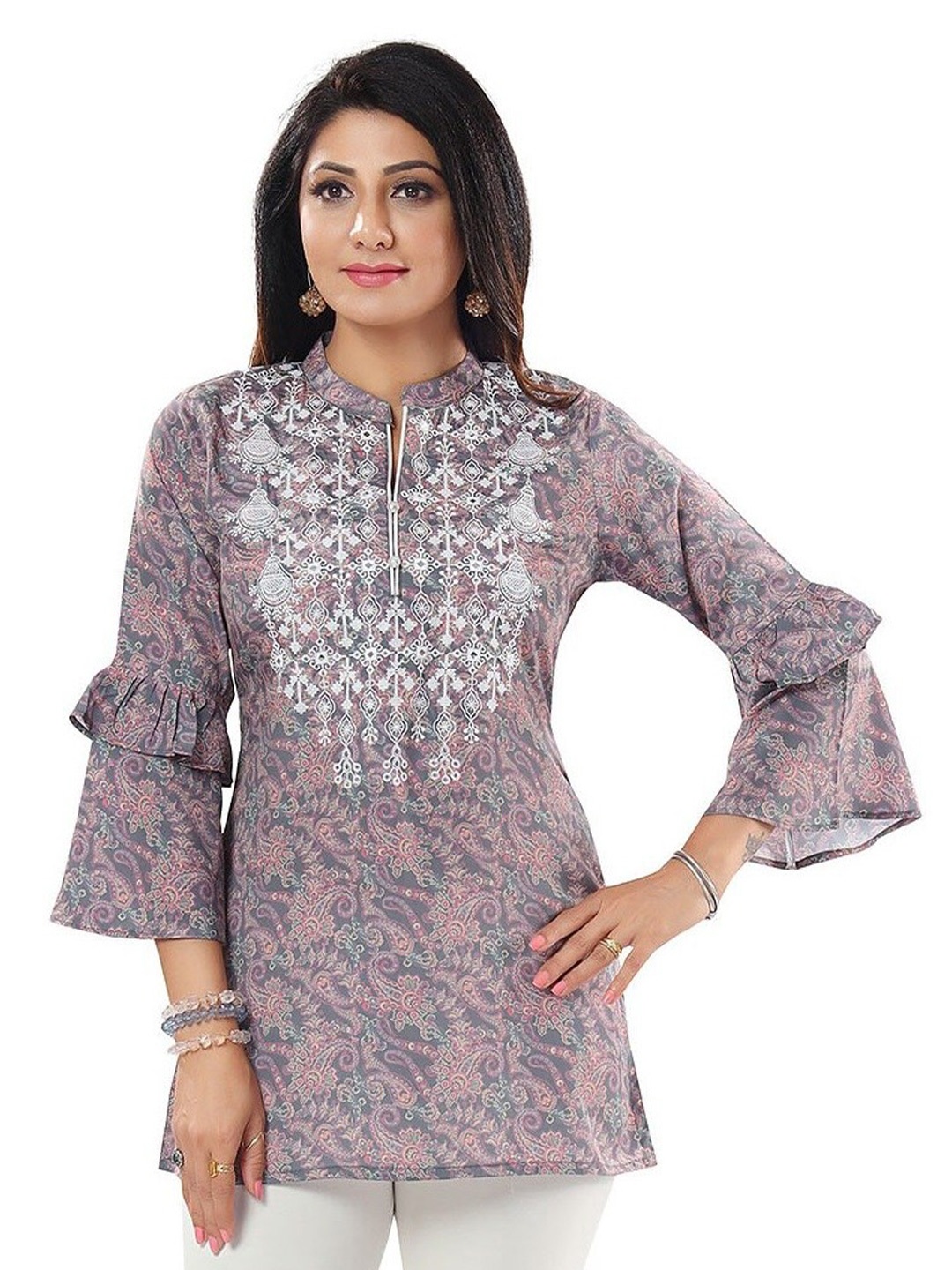 

keshubaba Floral Printed Thread Work Kurti, Grey