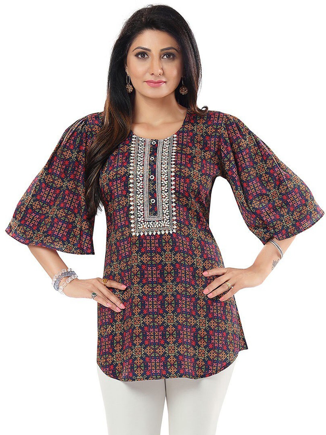

keshubaba Printed Embroidered Flared Sleeves Ethnic Tunic, Navy blue