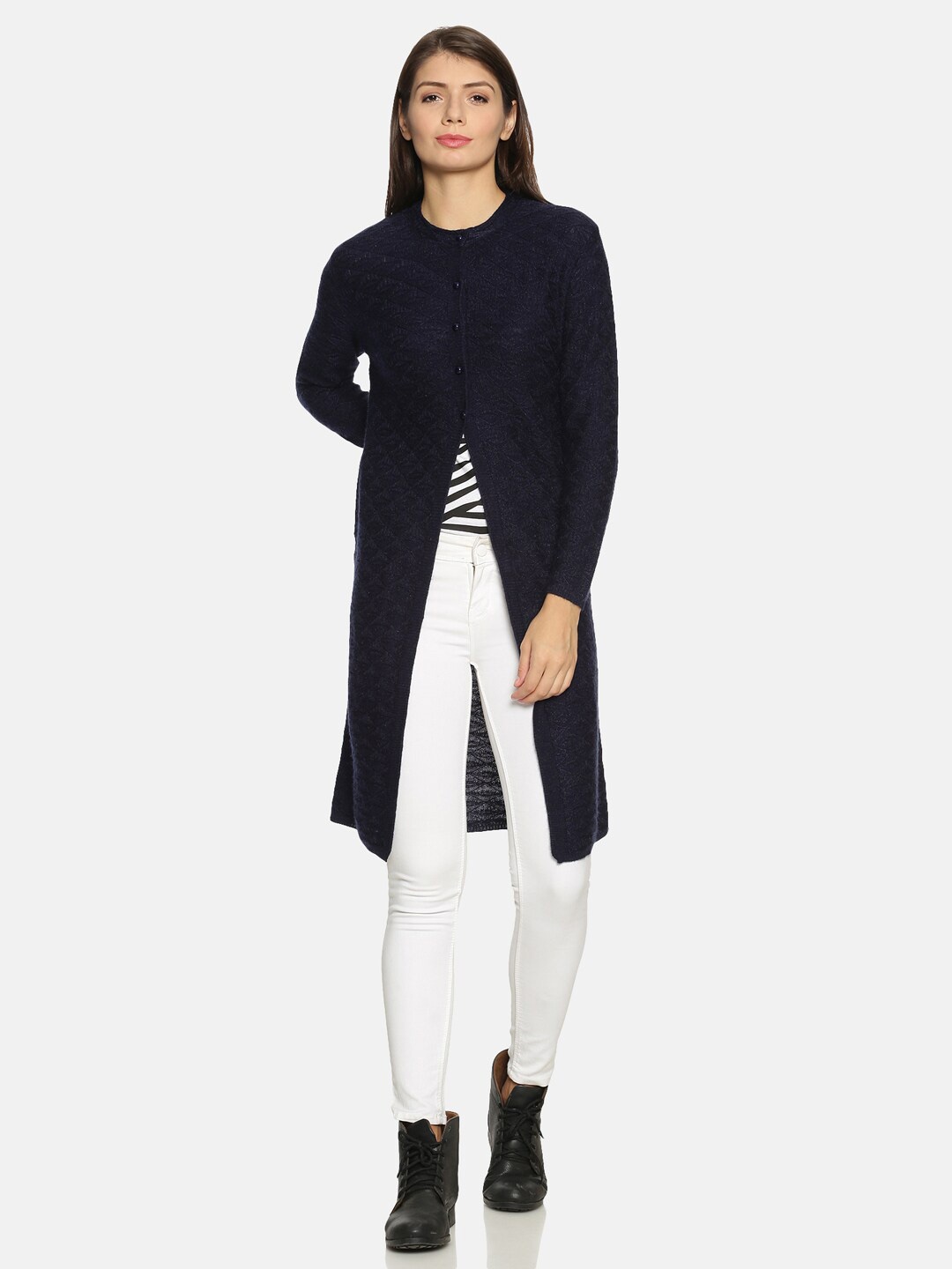 

CLAPTON Self Design Cable Knit Longline Cardigan, Navy blue