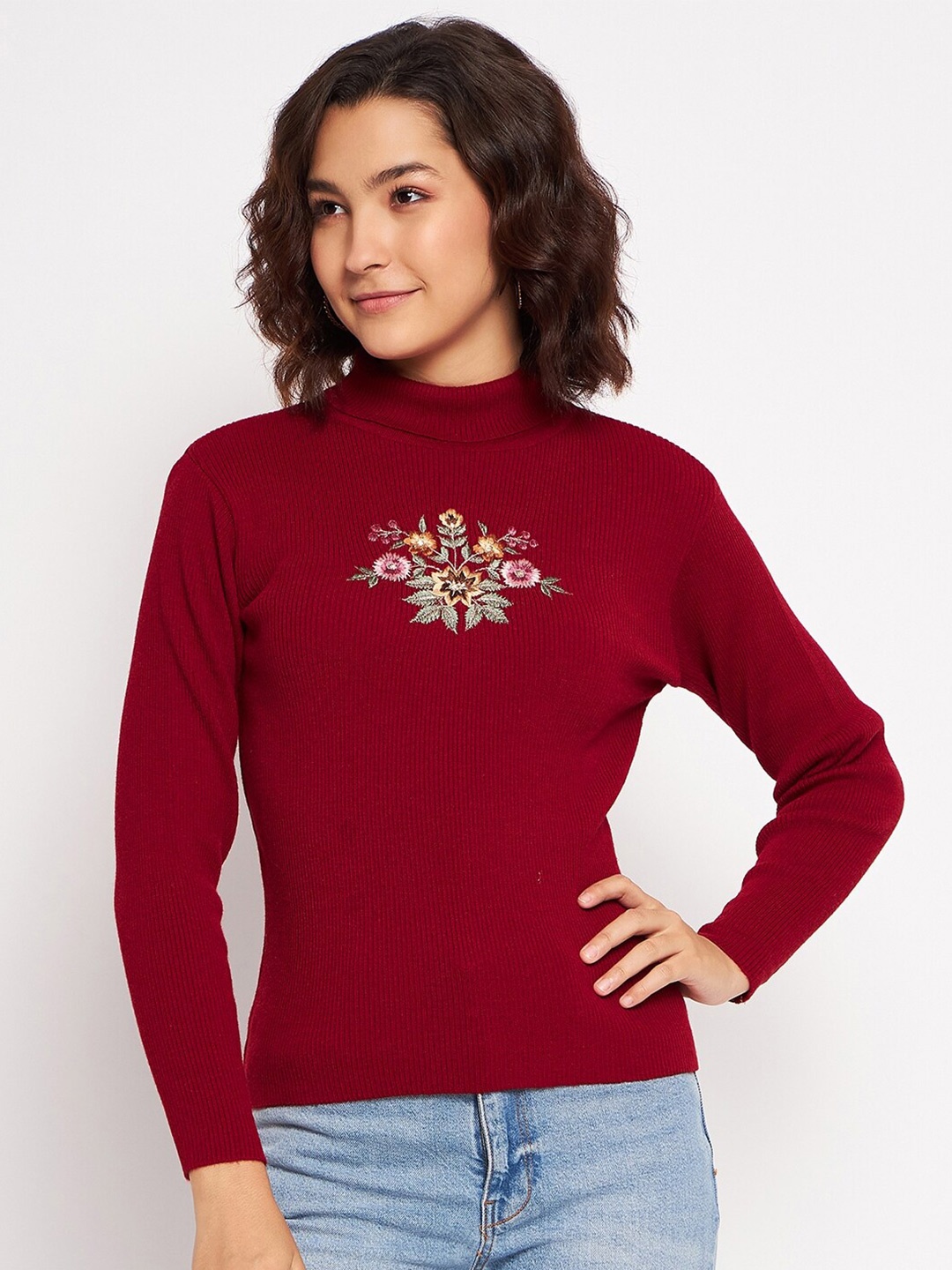 

CLAPTON Turtle Neck Long Sleeves Pullover With Embroidered Detail, Maroon