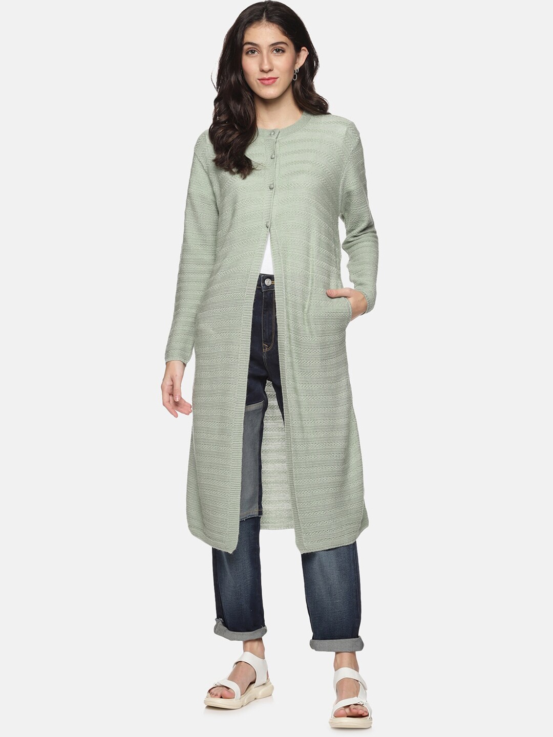 

CLAPTON Self Design Cable Knit Longline Cardigan, Green