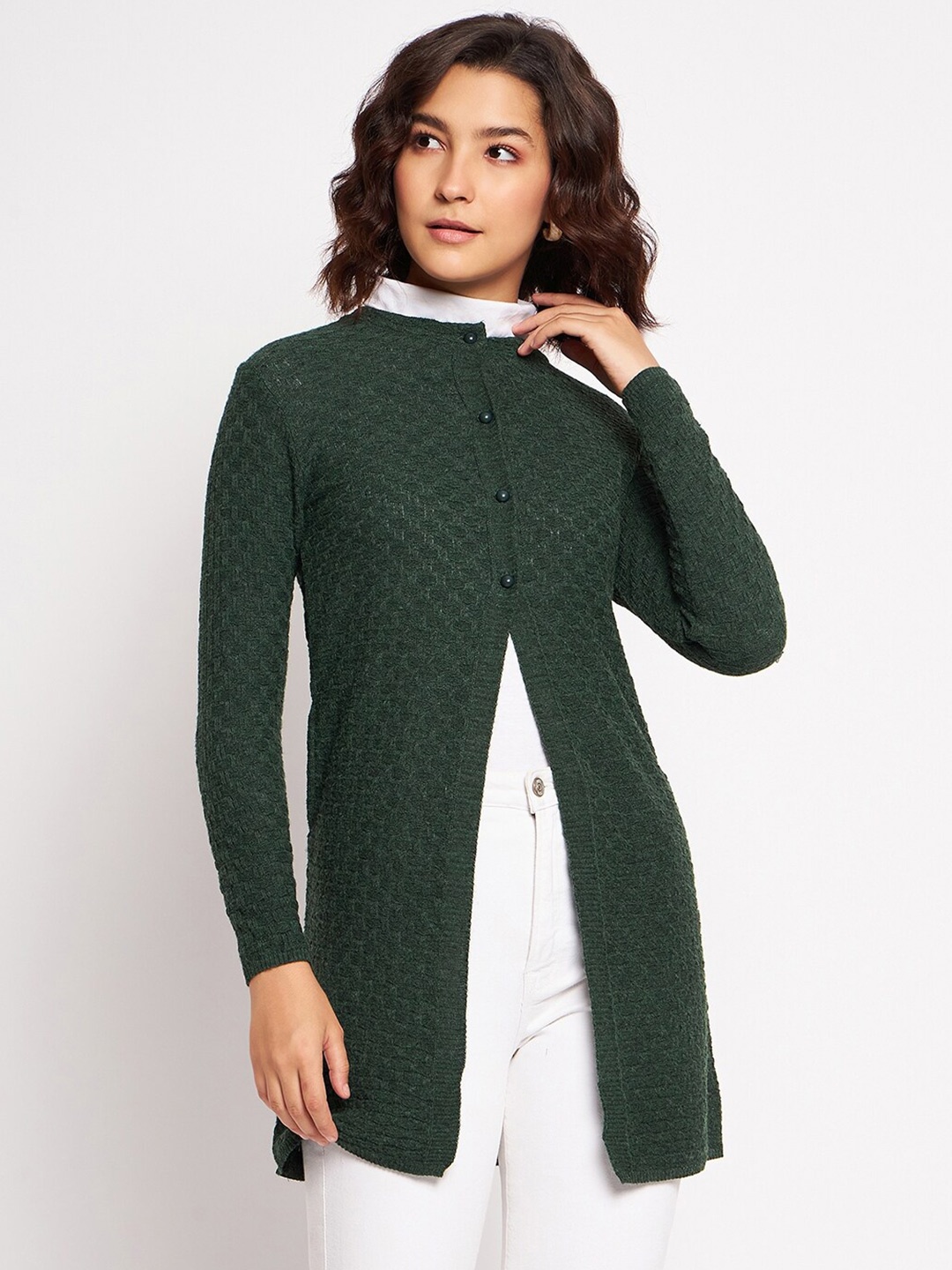 

CLAPTON Self Design Cable Knit Longline Cardigan, Green