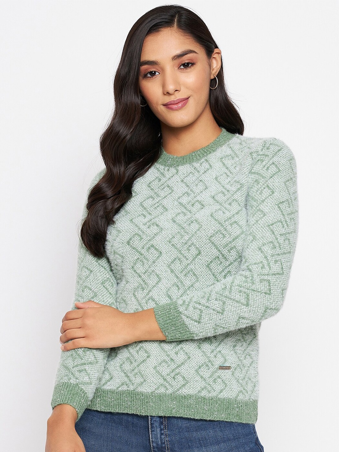 

CLAPTON Geometric Printed Round Neck Pullover Sweater, Green