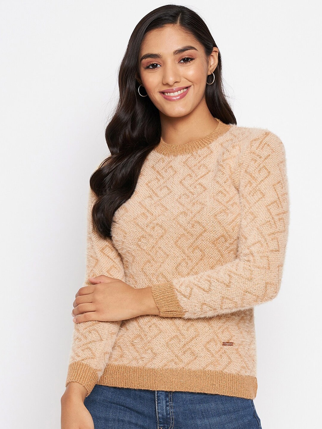 

CLAPTON Geometric Printed Round Neck Pullover Sweater, Beige