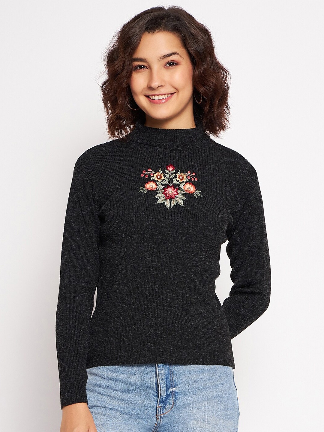 

CLAPTON Floral Embroidered Mock Collar Pullover Sweater, Black