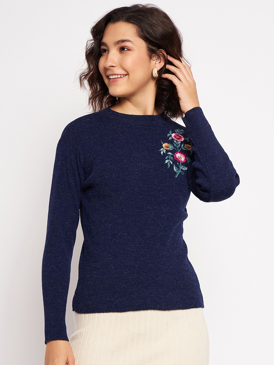 

CLAPTON Ribbed & Floral Embroidered Detail Pullover Sweater, Navy blue