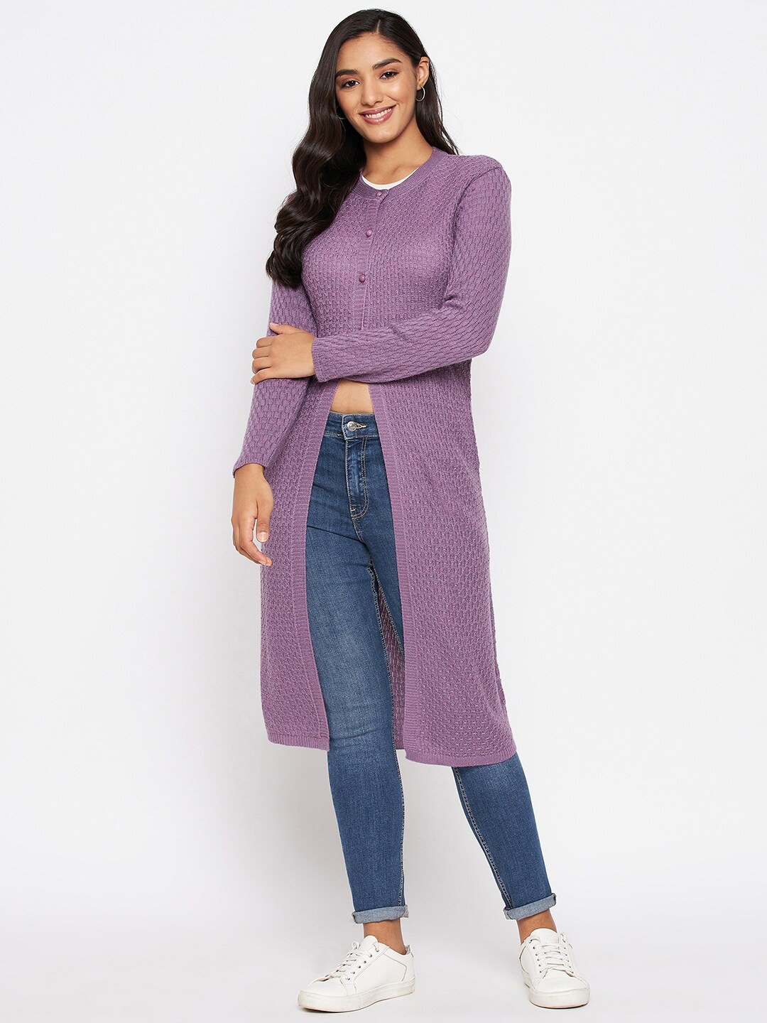 

CLAPTON Cable Knit Self Design Longline Cardigan Sweater, Purple