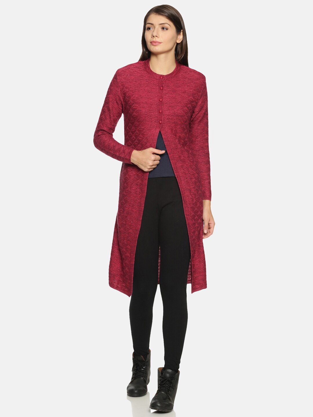 

CLAPTON Cable Knit Self Design Longline Cardigan Sweater, Red