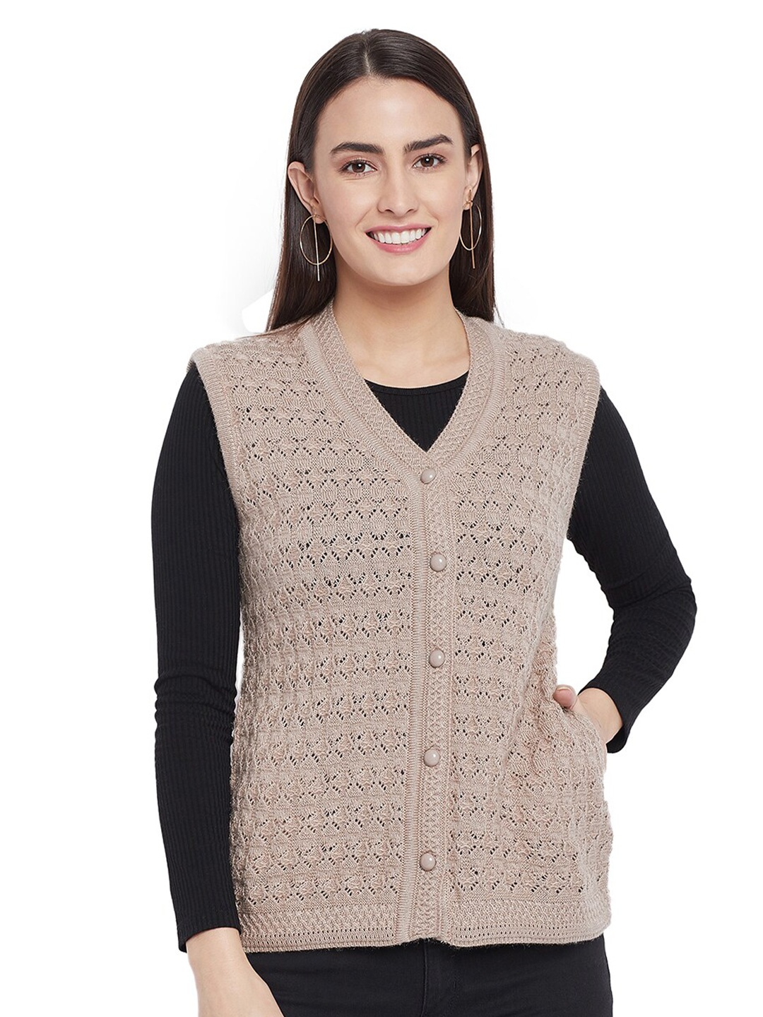 

CLAPTON Cable Knit Self Design V-Neck Cardigan Sweater, Camel brown