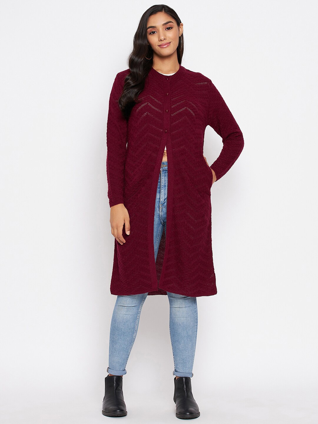 

CLAPTON Open Knit Self Design Longline Cardigan Sweater, Maroon