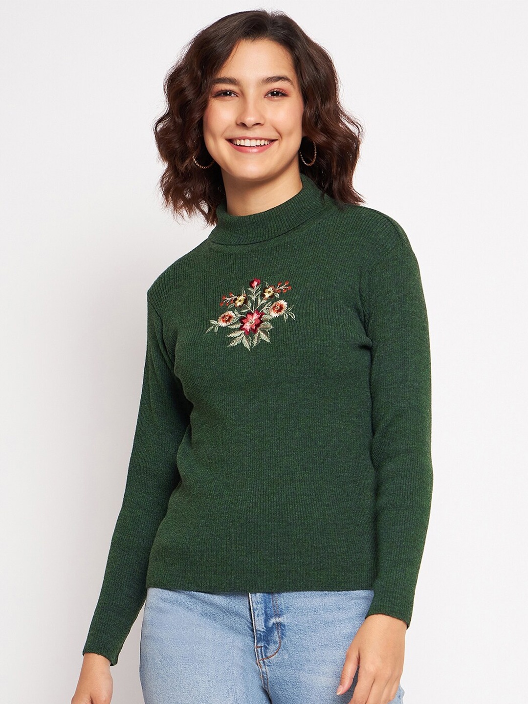 

CLAPTON Floral Embroidered Turtle Neck Pullover Sweater, Green