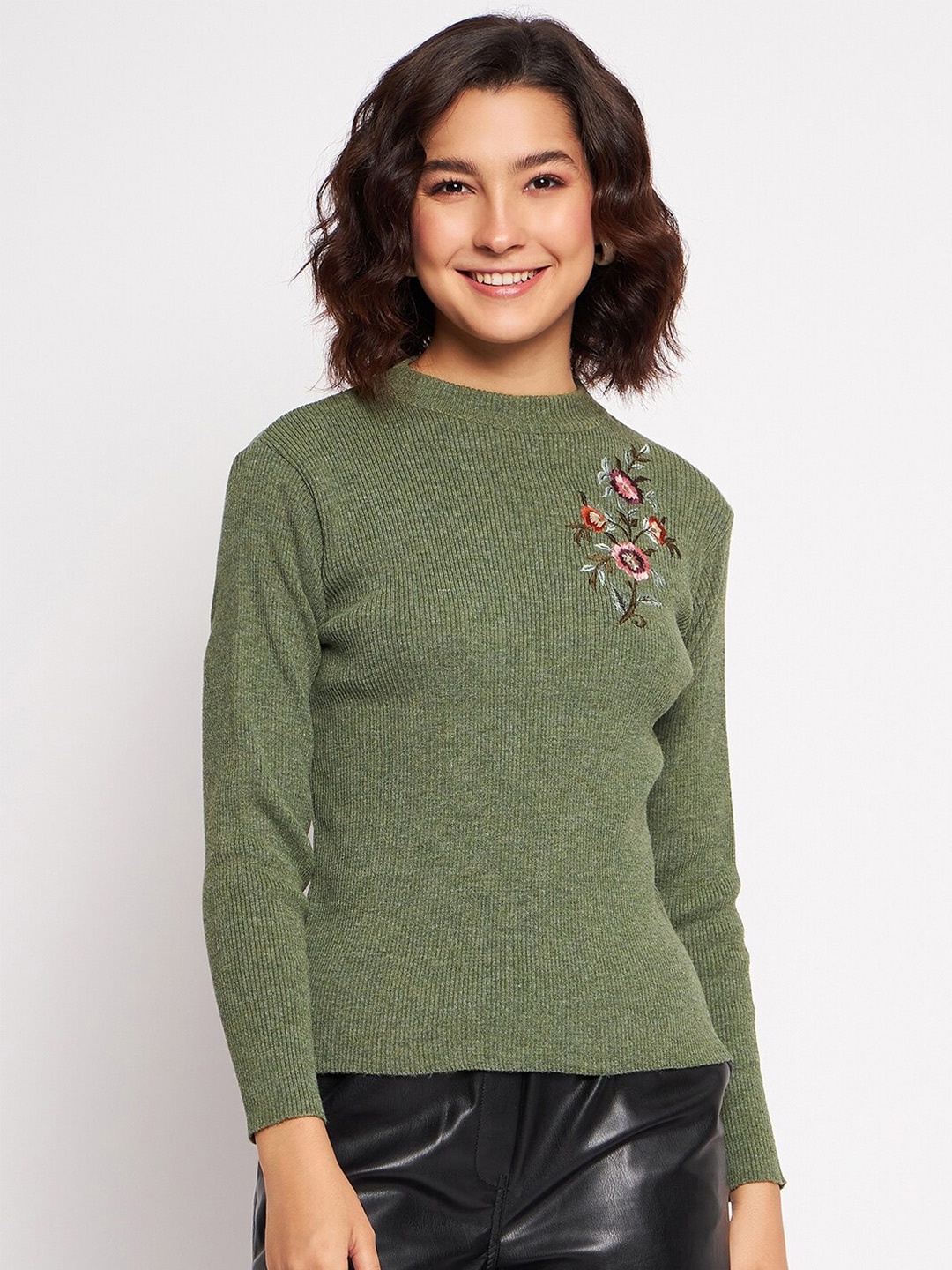 

CLAPTON Ribbed Floral Embroidered Mock Collar Pullover Sweater, Green