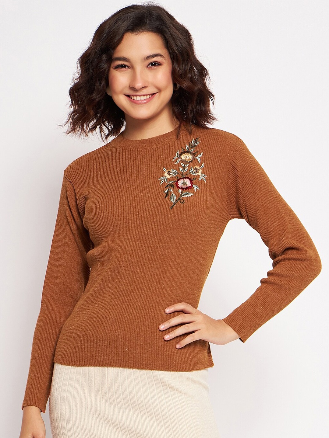 

CLAPTON Ribbed Floral Embroidered Pullover Sweater, Brown