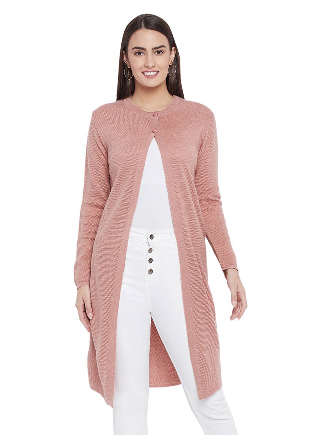 

CLAPTON Boucle Self Design Longline Cardigan Sweater, Peach