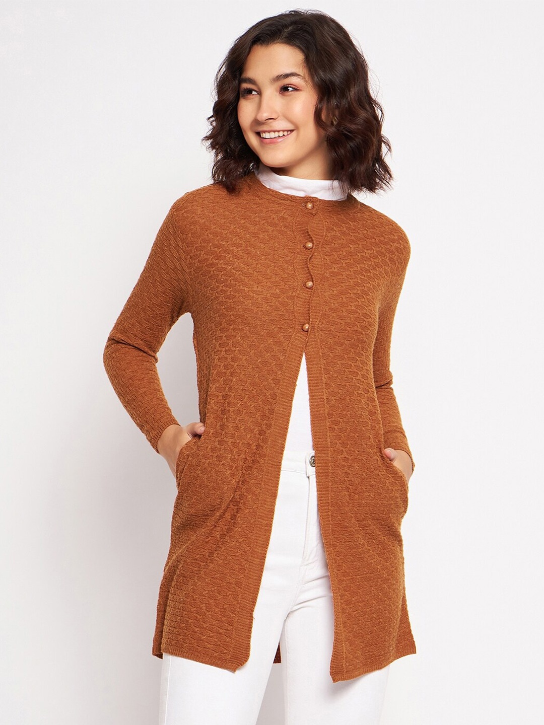 

CLAPTON Boucle Self Design Longline Cardigan Sweater, Brown