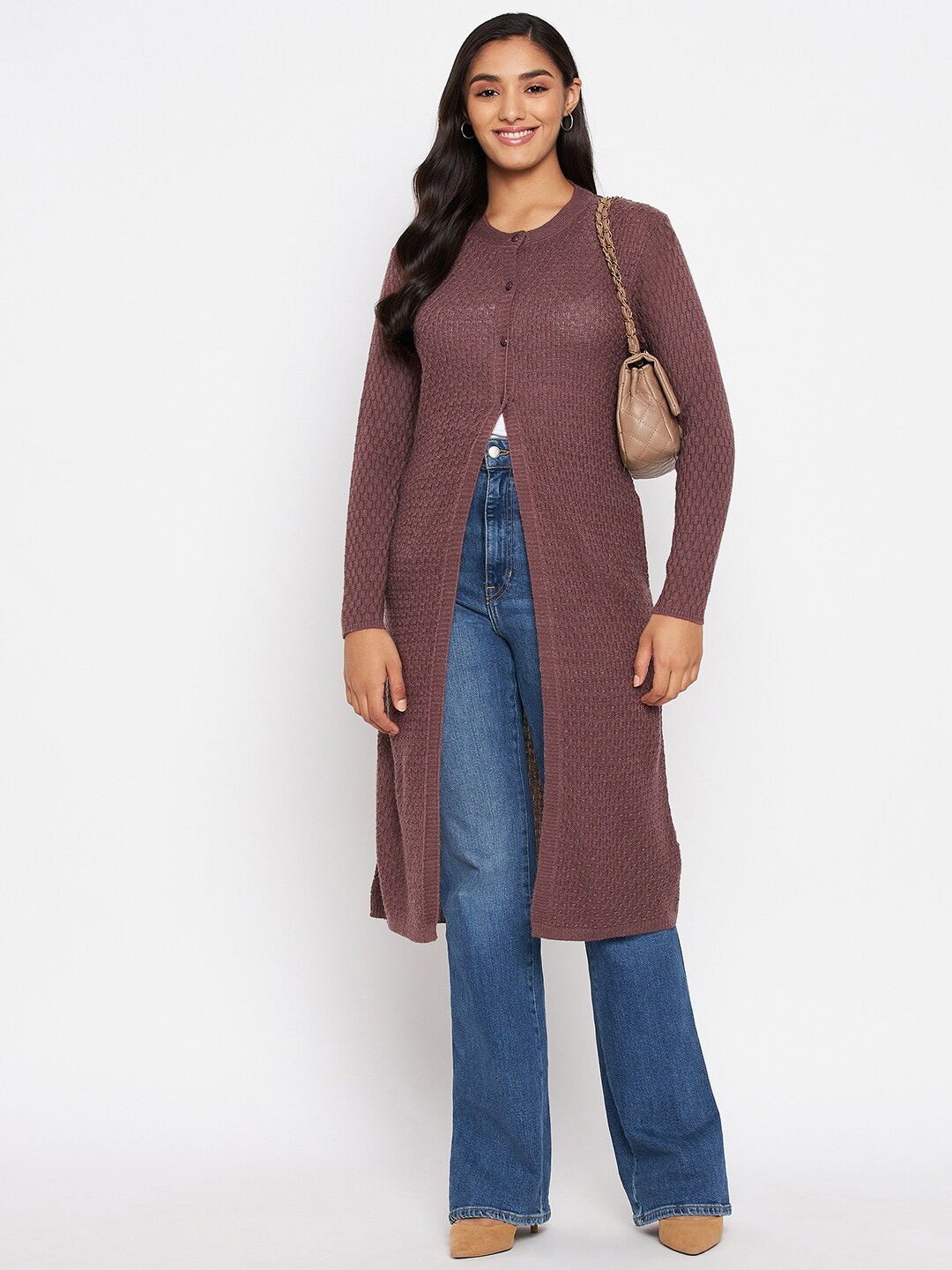 

CLAPTON Cable Knit Woollen Longline Cardigan, Brown