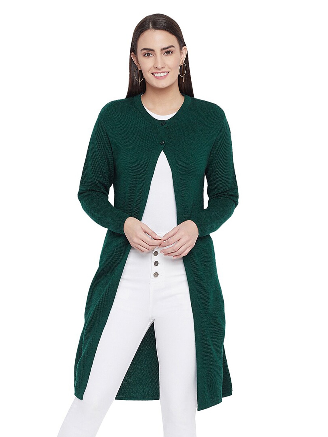 

CLAPTON Round Neck Woollen Longline Cardigan, Green