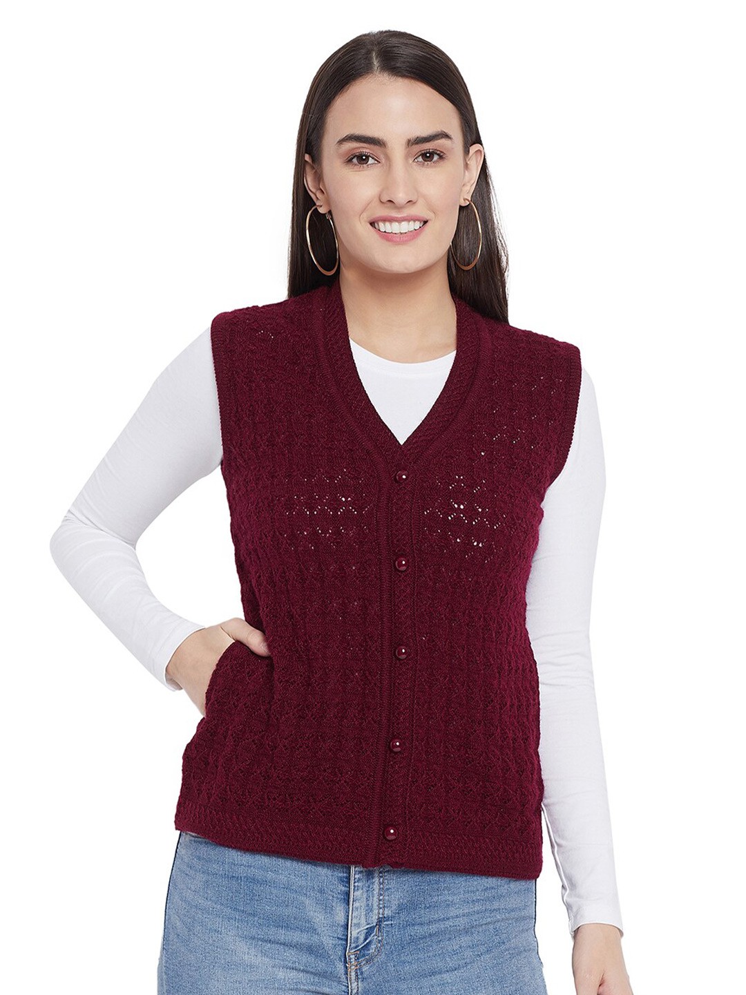 

CLAPTON Cable Knit V-Neck Woollen Cardigan, Maroon