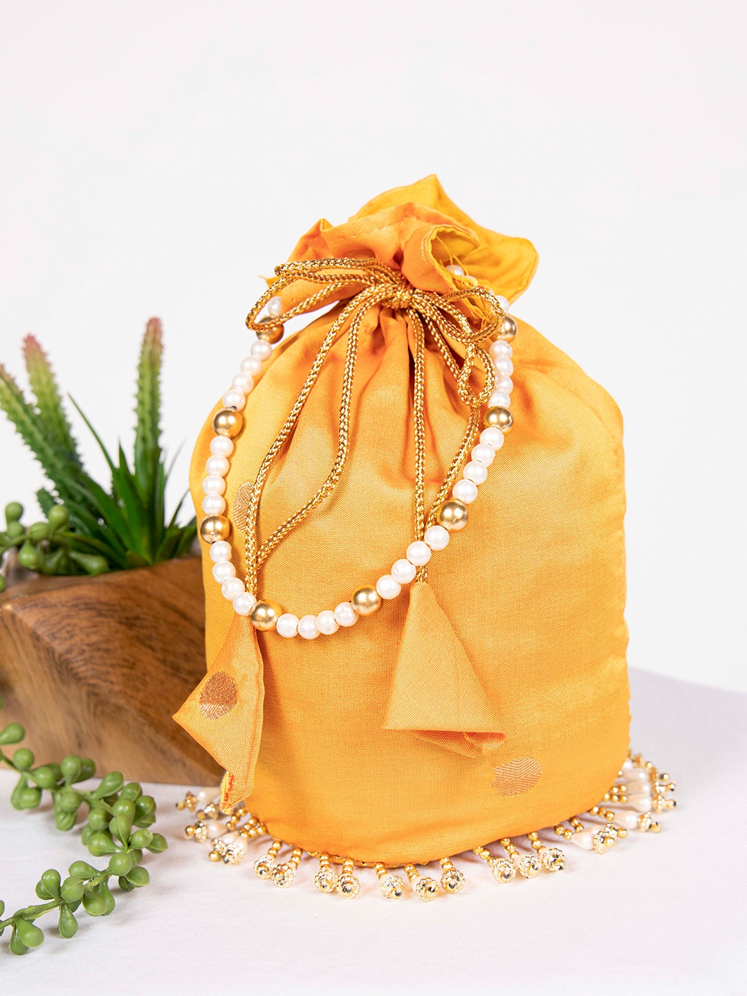 

LOOKNBOOK ART Embellished Tasselled Potli Clutch, Mustard
