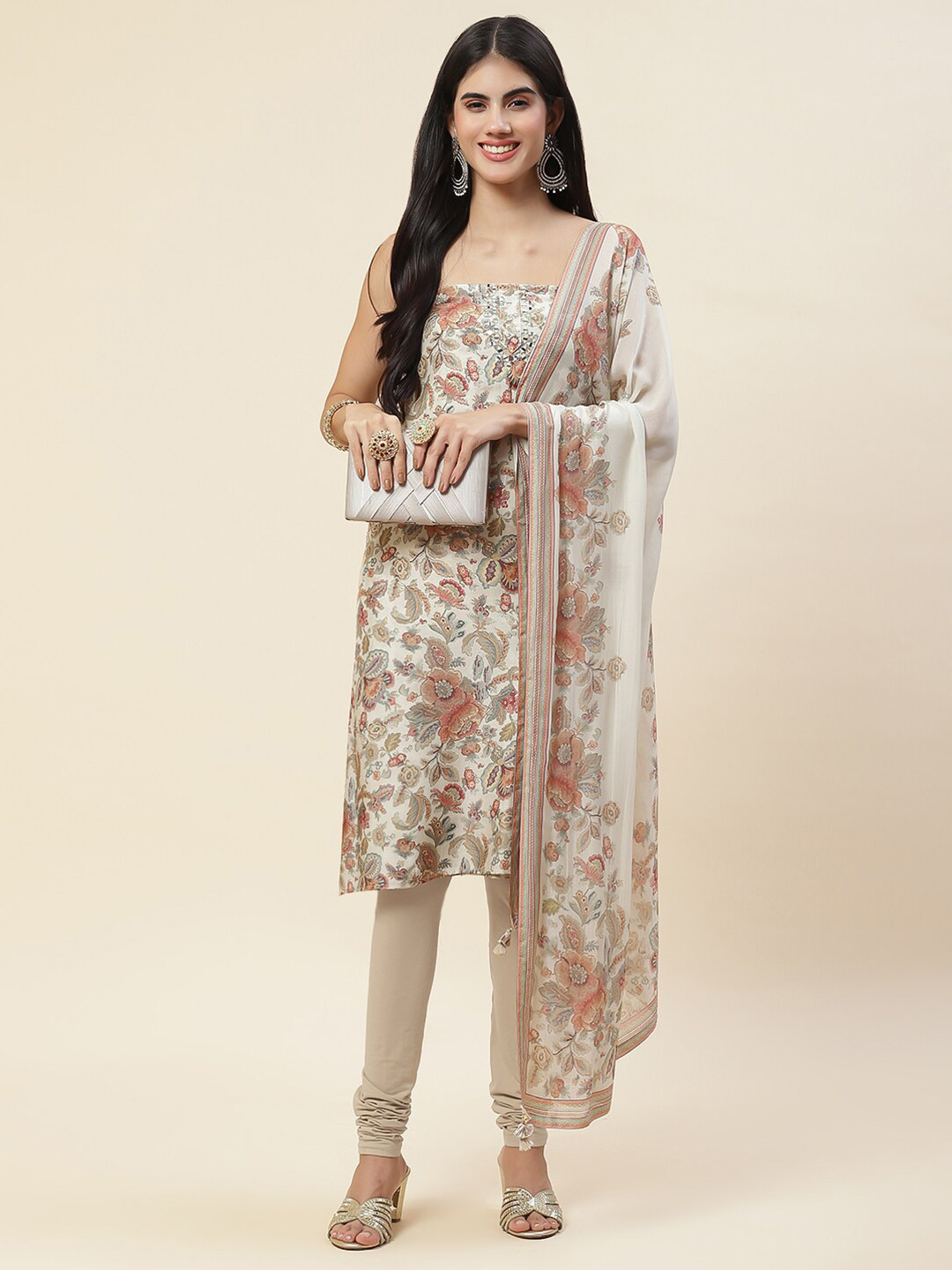 

Meena Bazaar Floral Printed Unstitched Dress Material, Cream