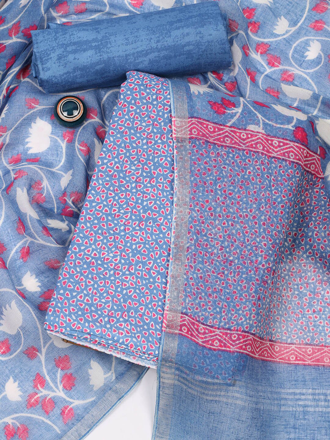 

Meena Bazaar Floral Printed Linen Unstitched Dress Material, Blue