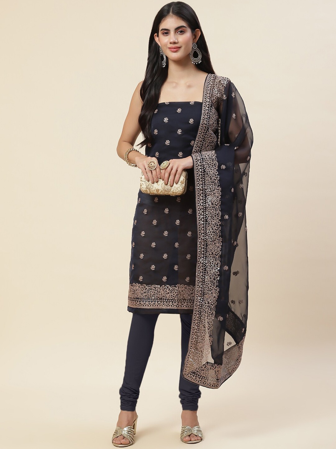 

Meena Bazaar Ethnic Motifs Embroidered Organza Unstitched Dress Material, Navy blue