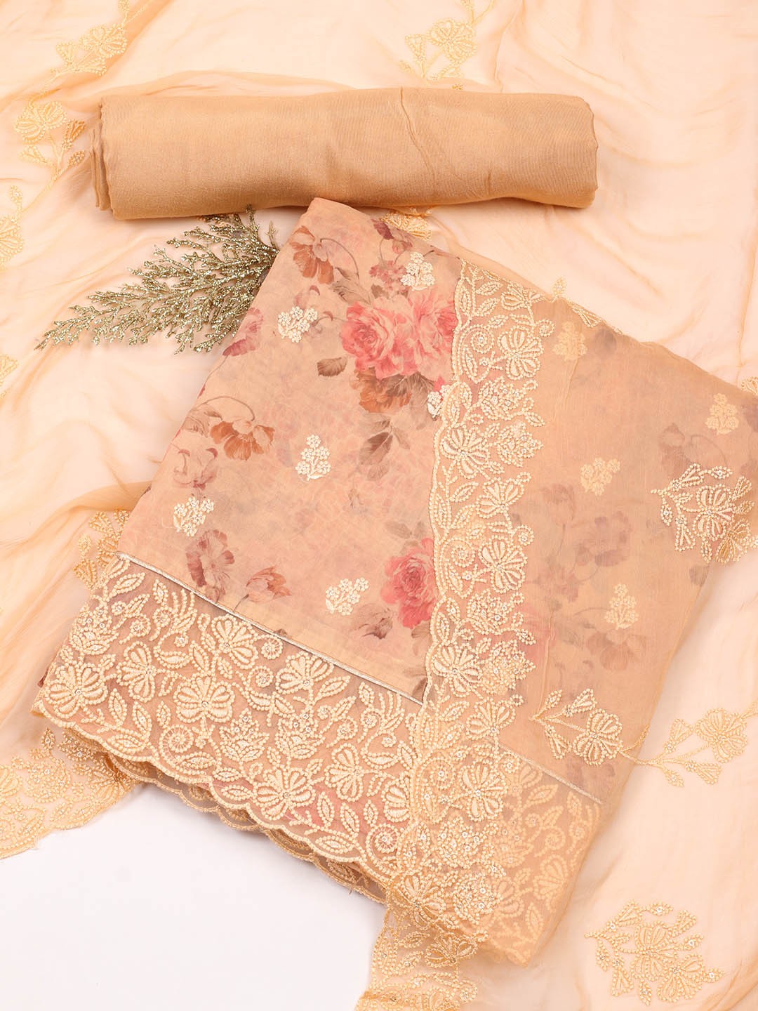 

Meena Bazaar Floral Printed Organza Unstitched Dress Material, Peach