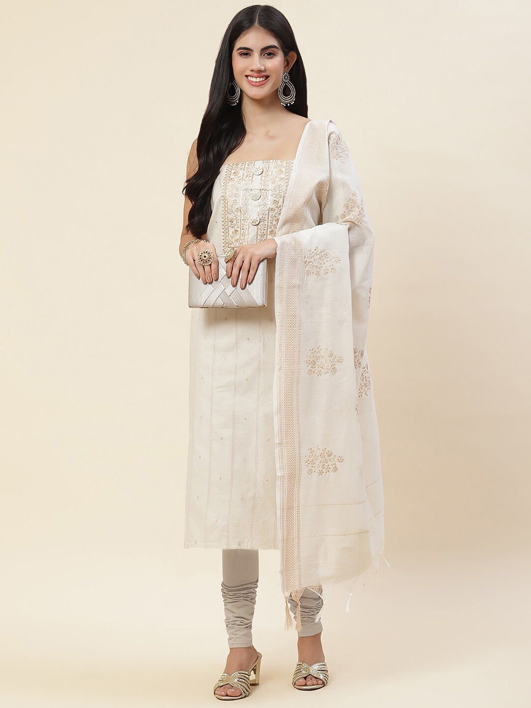 

Meena Bazaar Ethnic Mitifs Embroidered Unstitched Dress Material, Cream