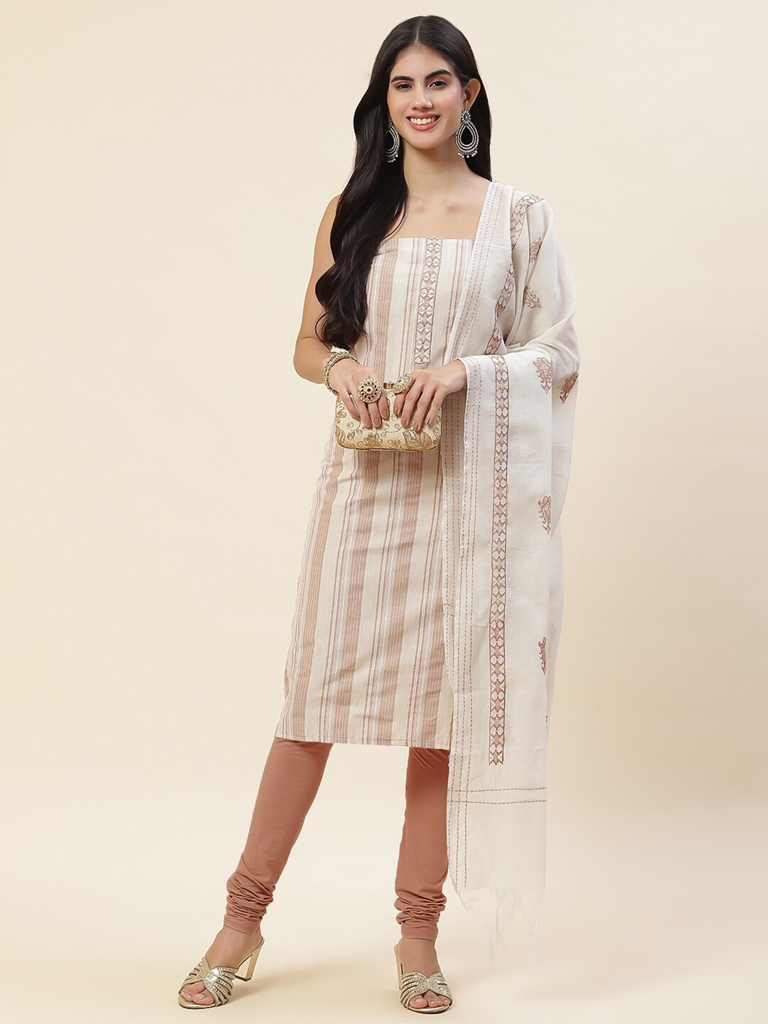 

Meena Bazaar Striped Unstitched Dress Material, White