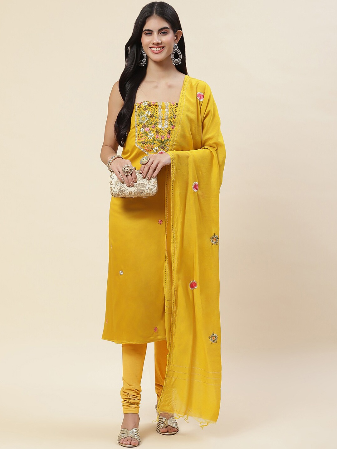 

Meena Bazaar Floral Embroidered Art Silk Unstitched Dress Material, Yellow