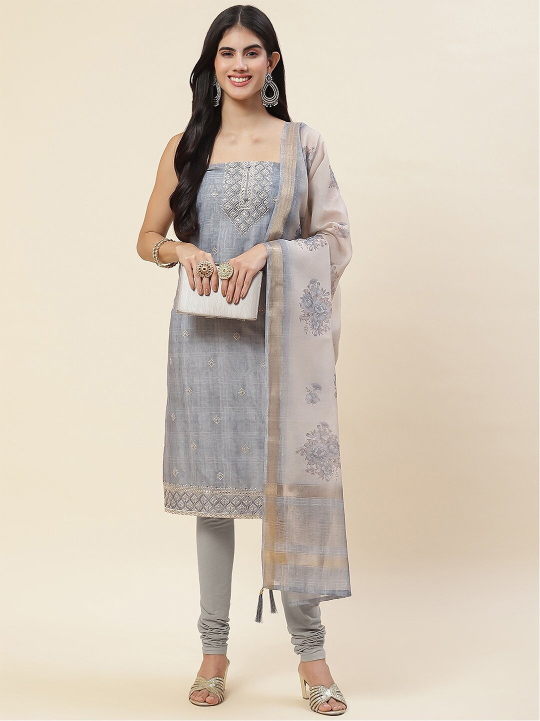 

Meena Bazaar Ethnic Motifs Embroidered Art Silk Unstitched Dress Material, Grey