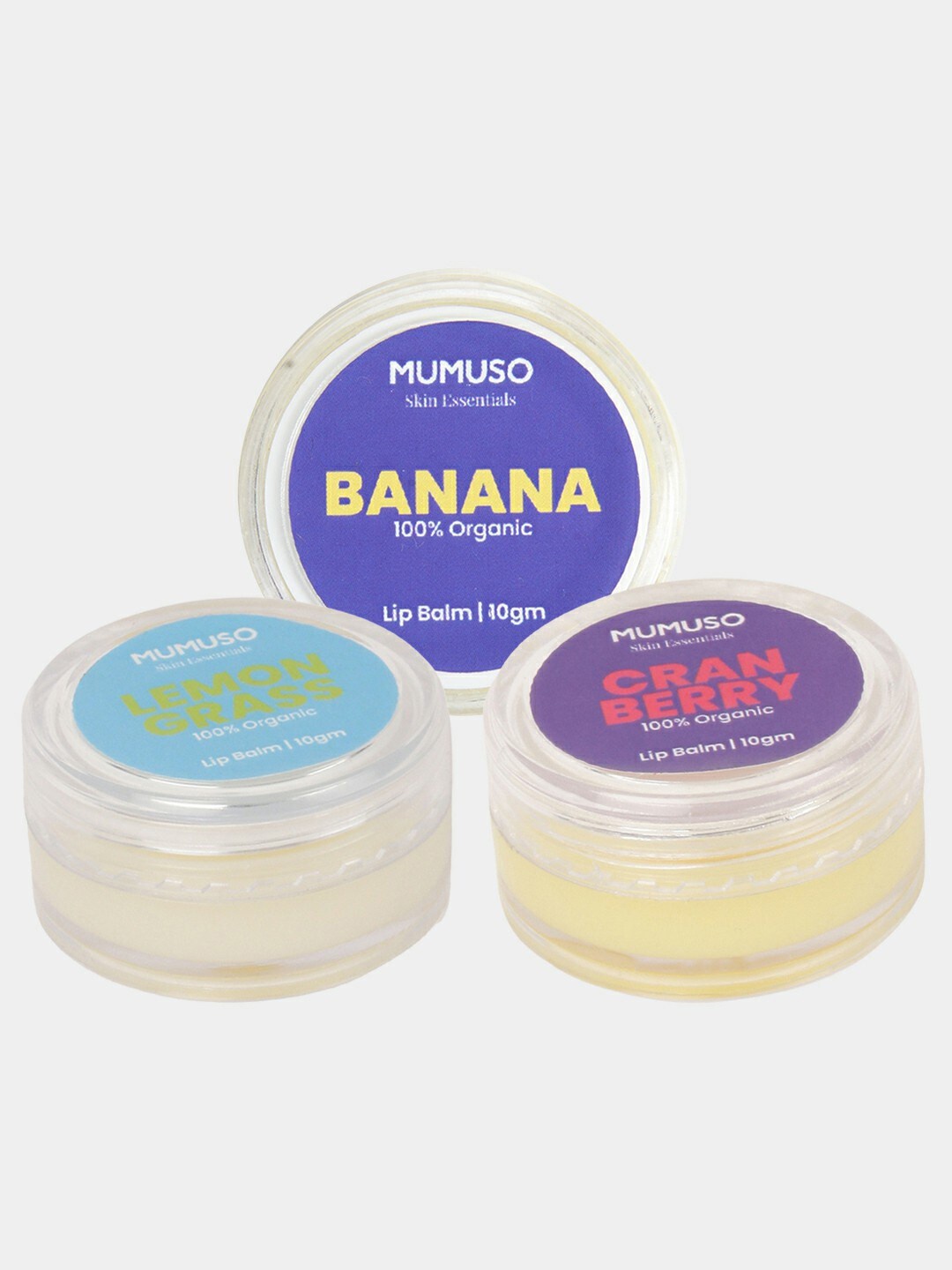 

MUMUSO Set of 3 Organic Long Lasting Lip Balm 10 g each - Banana + Cranberry + Lemongrass, Purple