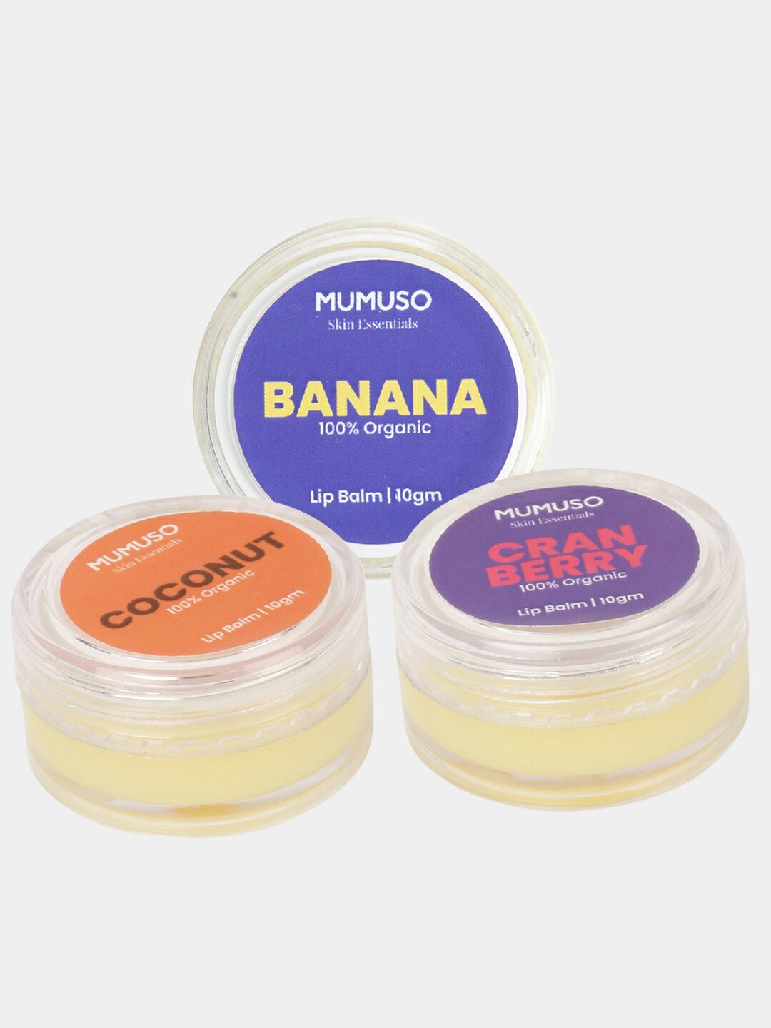 

MUMUSO Set of 3 Organic Long Lasting Lip Balm 10 g each - Coconut + Cranberry + Banana, Purple