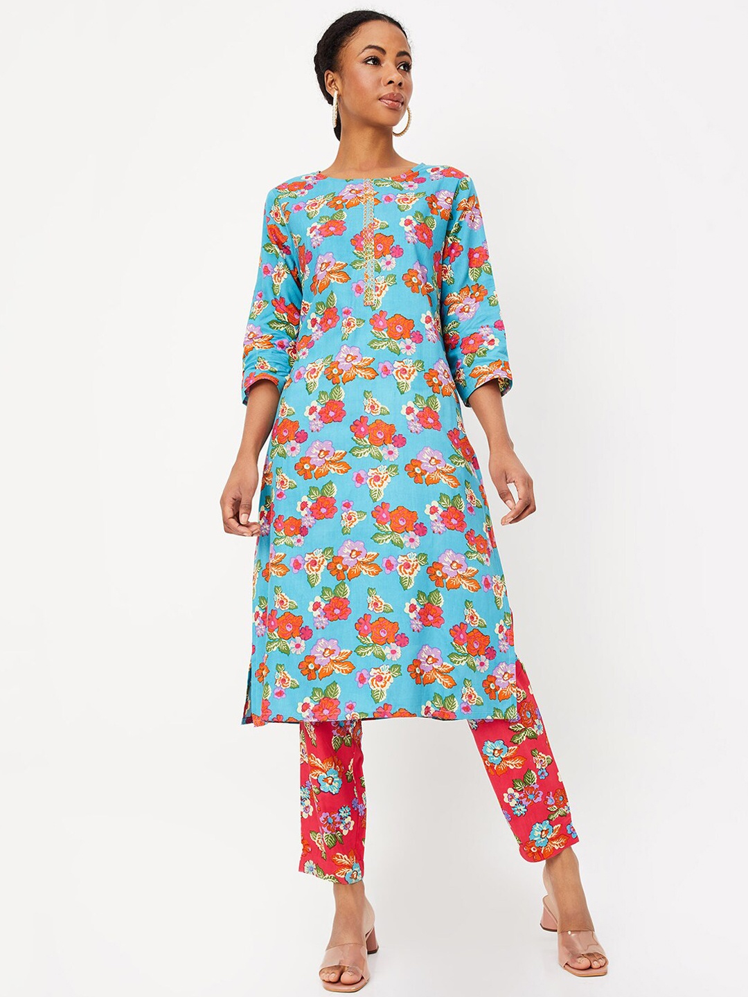 

max Floral Printed Straight kurta with trousers, Blue