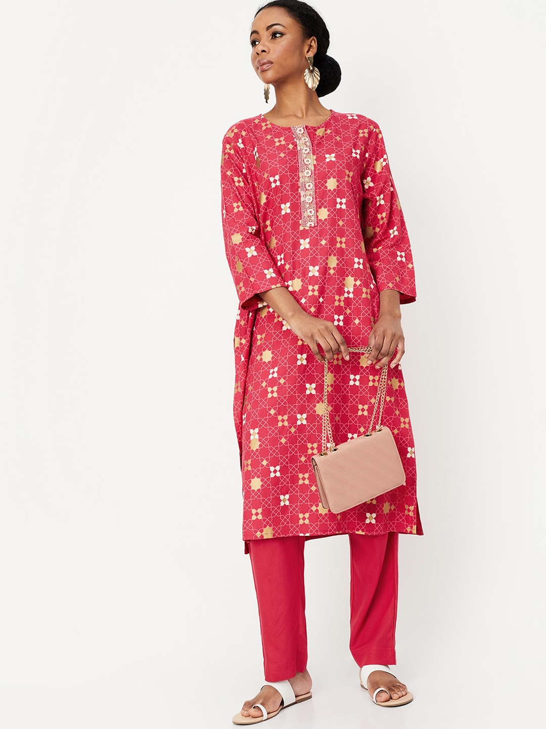 

max Geometric Printed Straight Kurta with Trousers, Pink