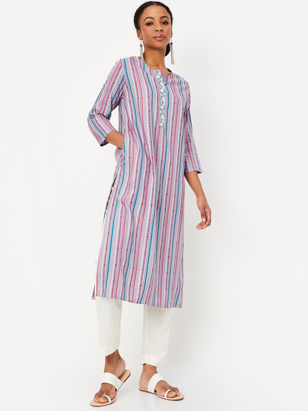 

max Striped Thread Work Regular Kurta With Trousers, Beige