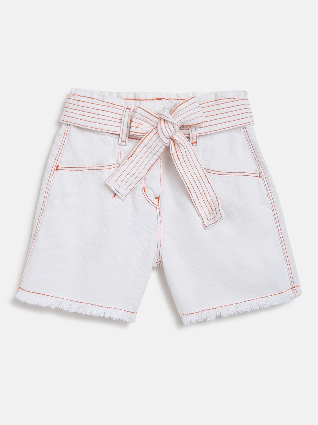 

TALES & STORIES Girls Belted Mid-Rise Cotton Shorts, White