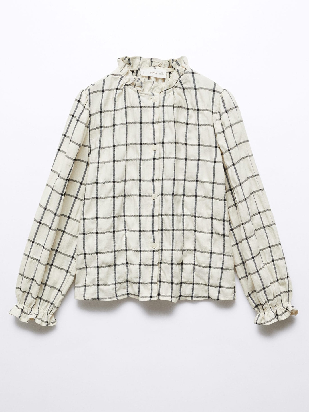 

Mango Kids Girls Checked Puff Sleeve Shirt Style Top, Off white