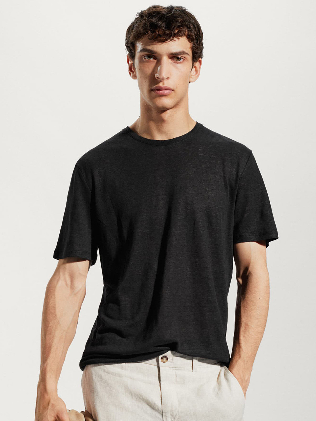 

MANGO MAN Regular Fit Linen T-shirt, Black