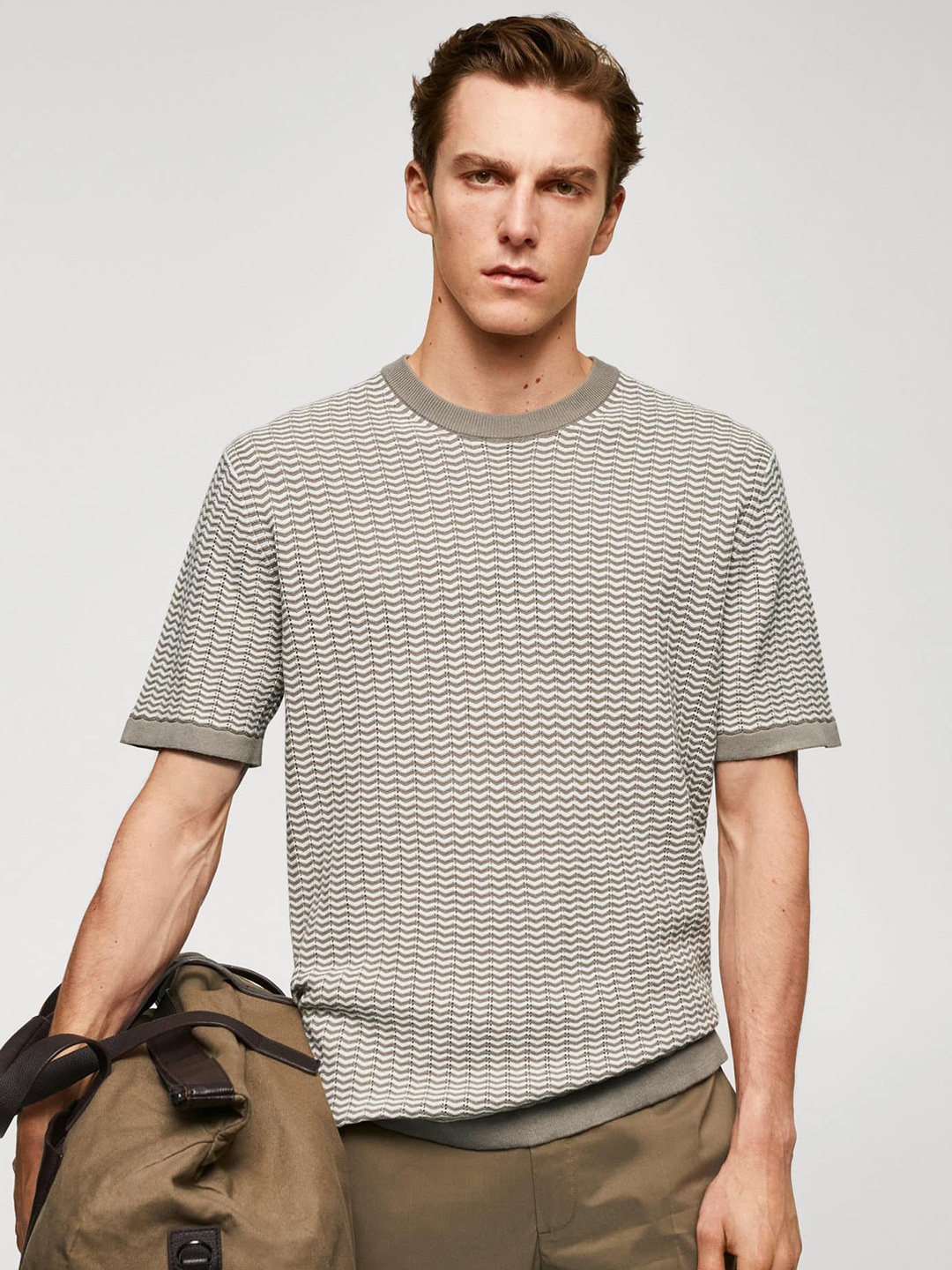 

MANGO MAN Pure Cotton Textured T-shirt, Grey