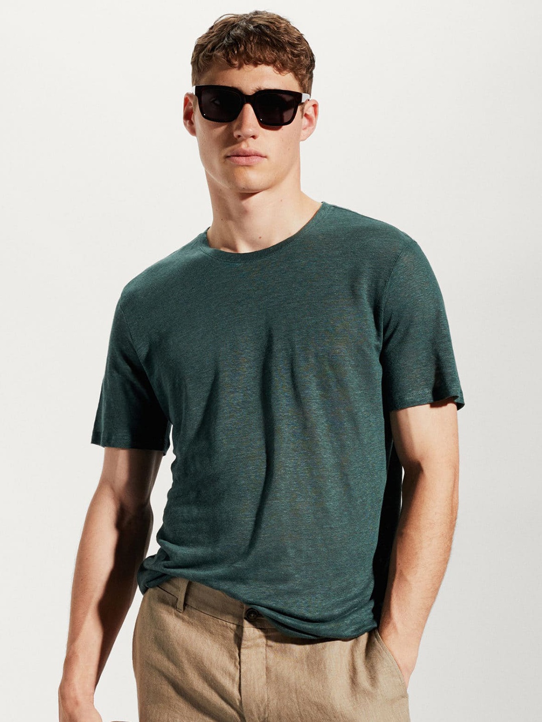 

MANGO MAN Regular Fit Linen T-shirt, Green